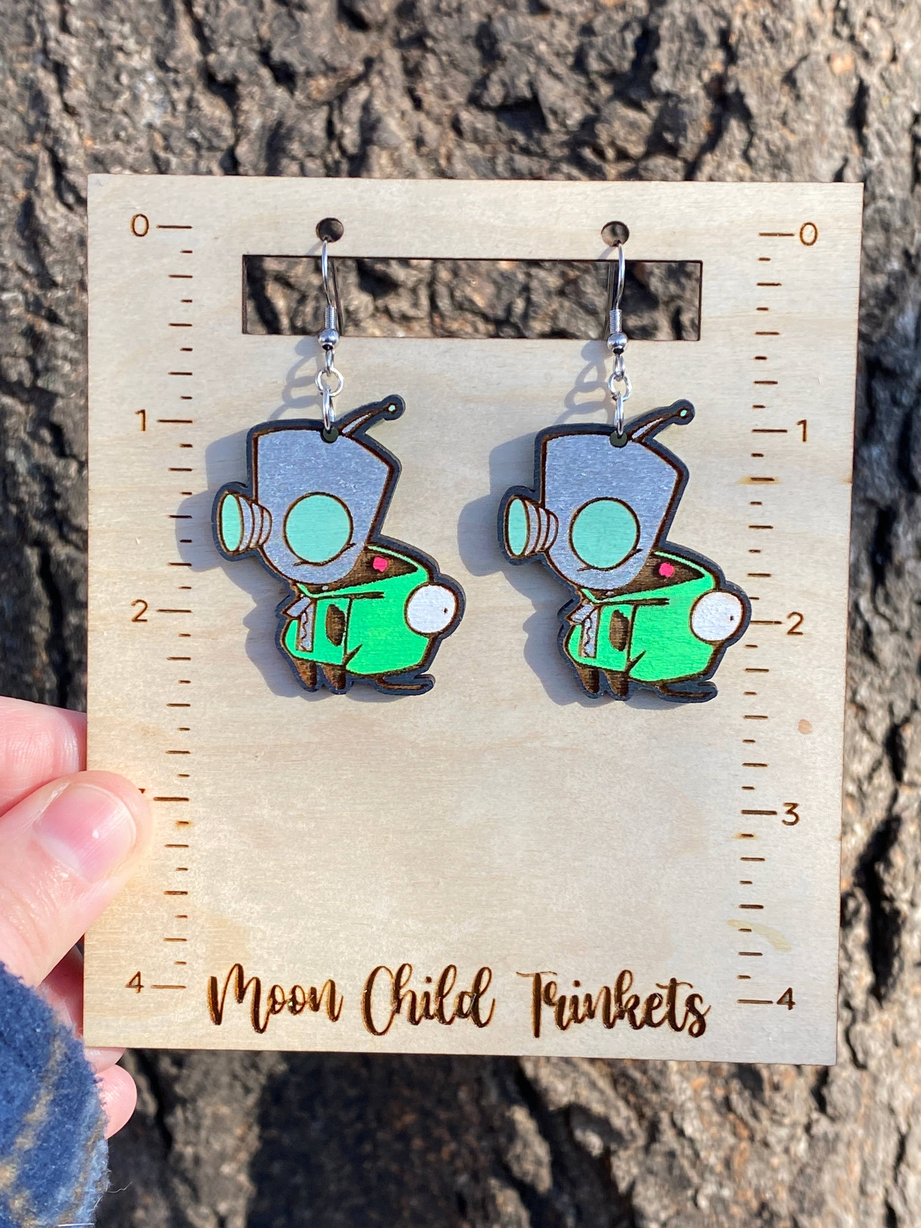 Invader Zim Gir Hand Painted Wood Dangle Earrings