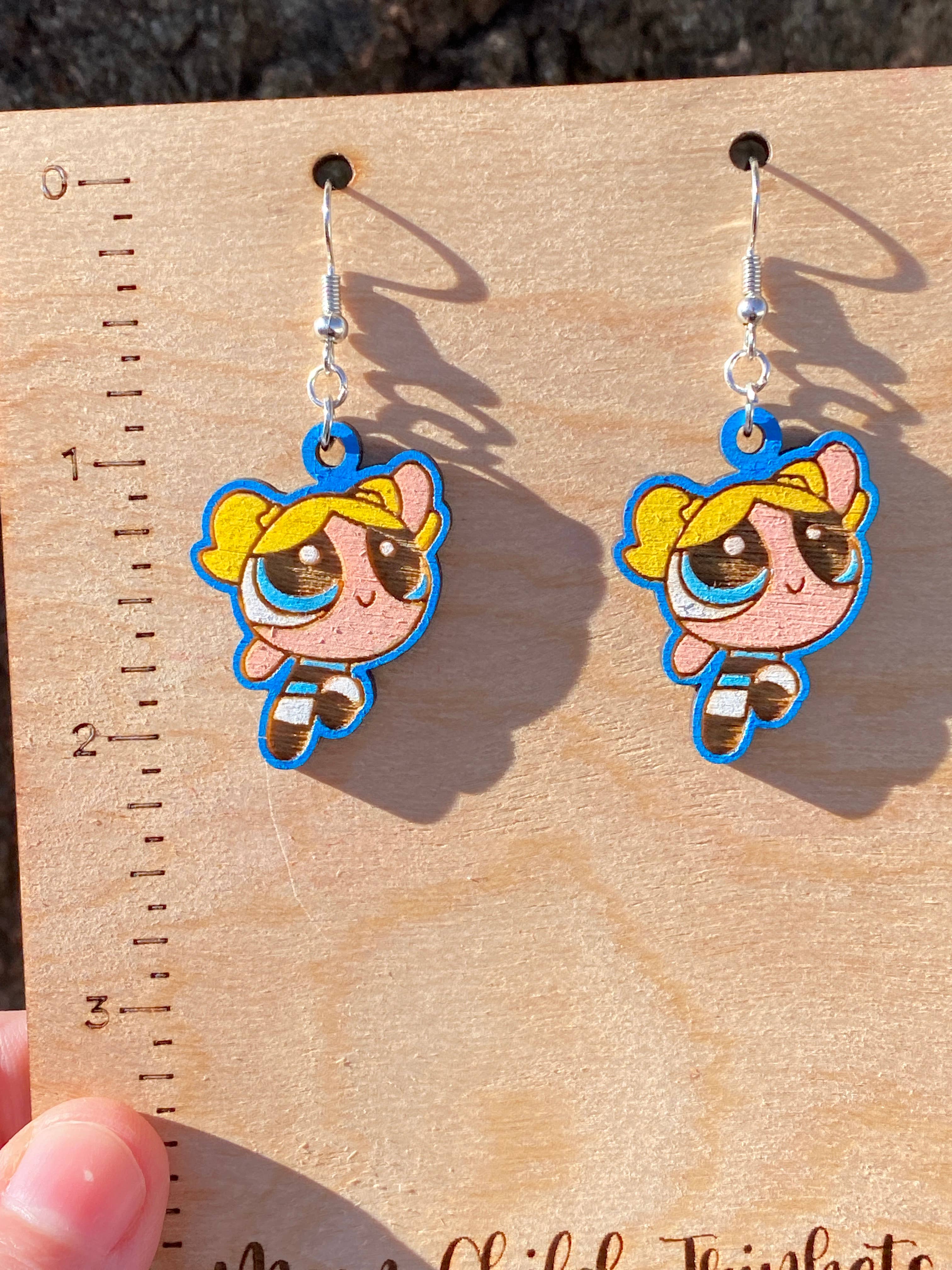 Powerpuff Girls Bubbles Hand Painted Wood Dangle Earrings