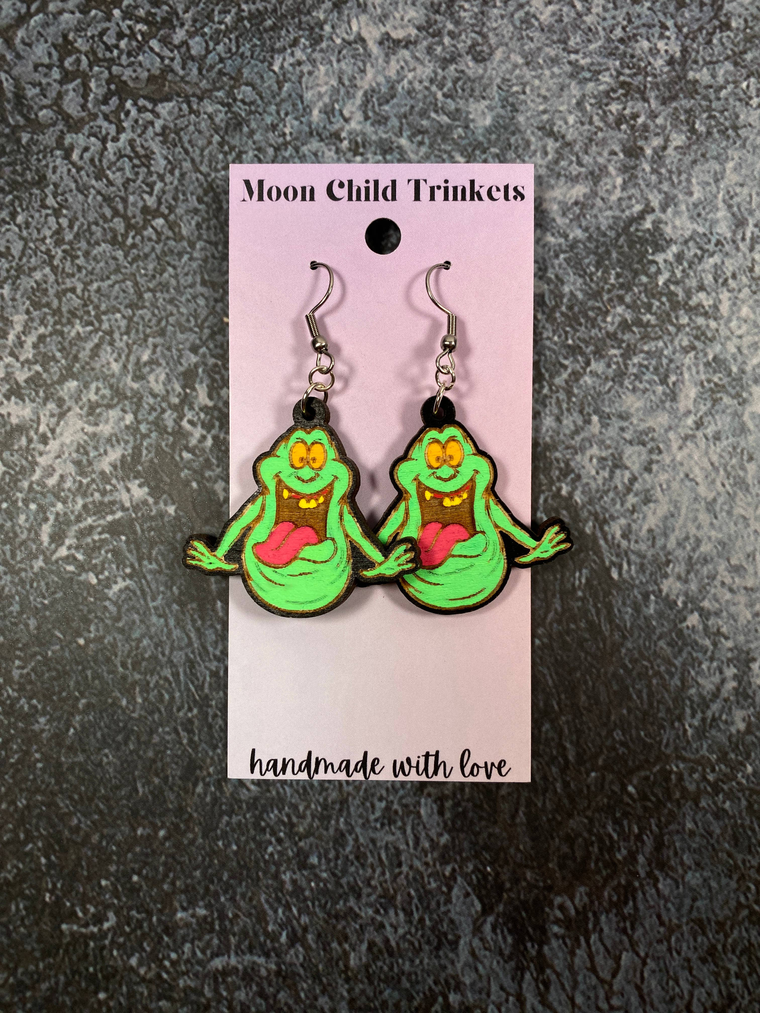 Slimer Hand Painted Wood Dangle Earrings