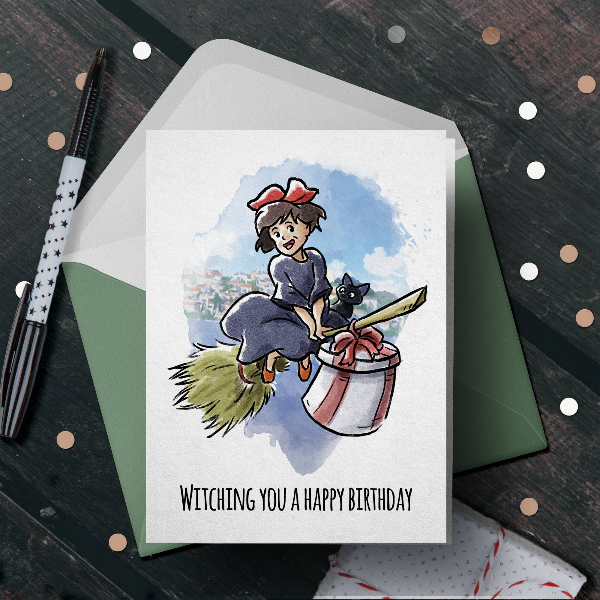 "Witching You" Young Witch Broom Anime Birthday Card