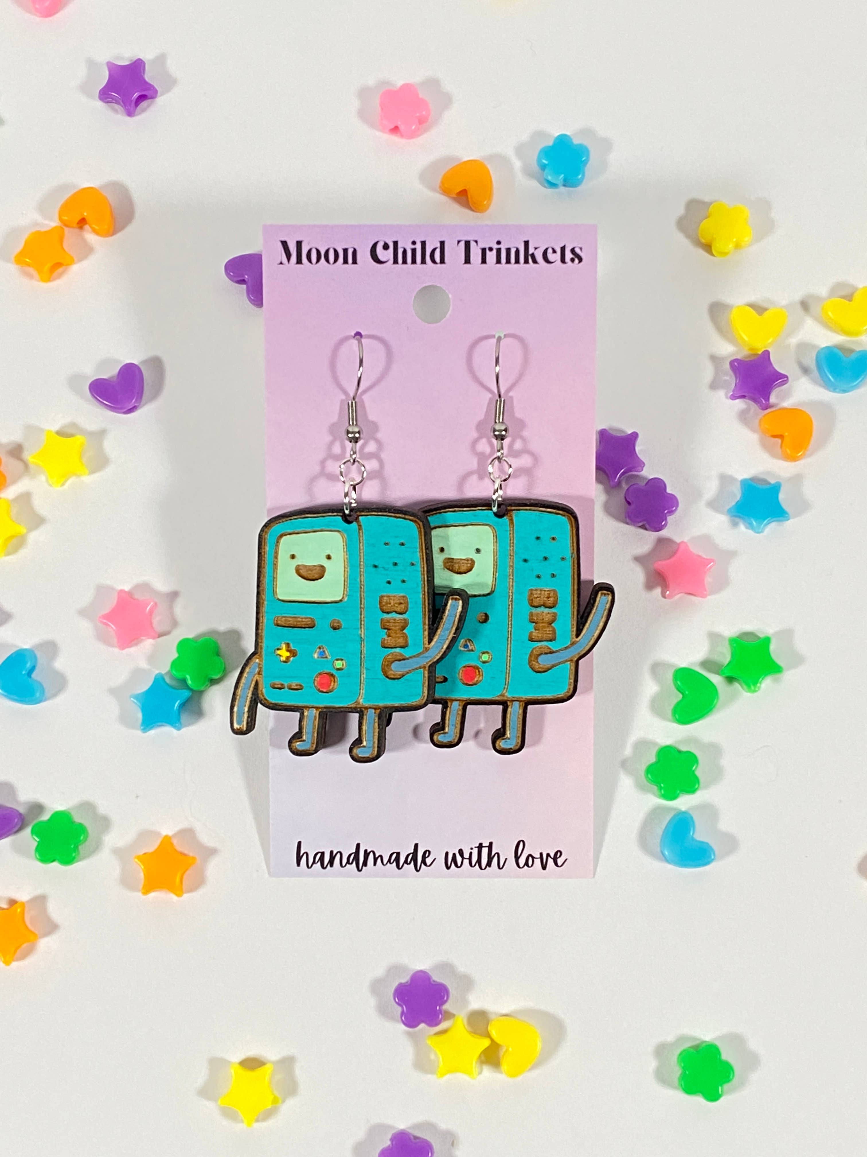 Cartoon Robot BMO Hand Painted Wood Dangle Earrings