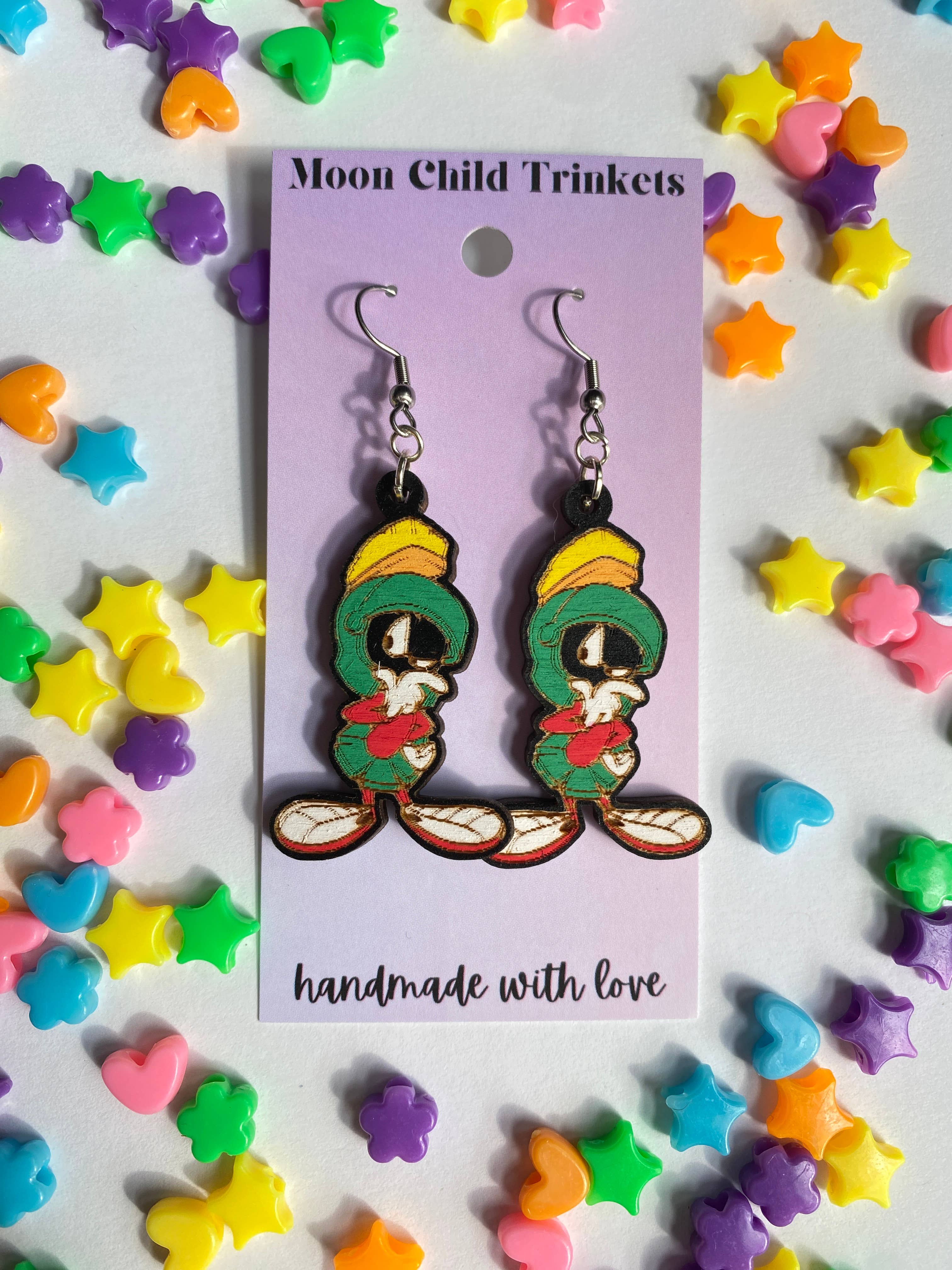 Nostalgic Cartoon Martian Hand-Painted Wood Earrings