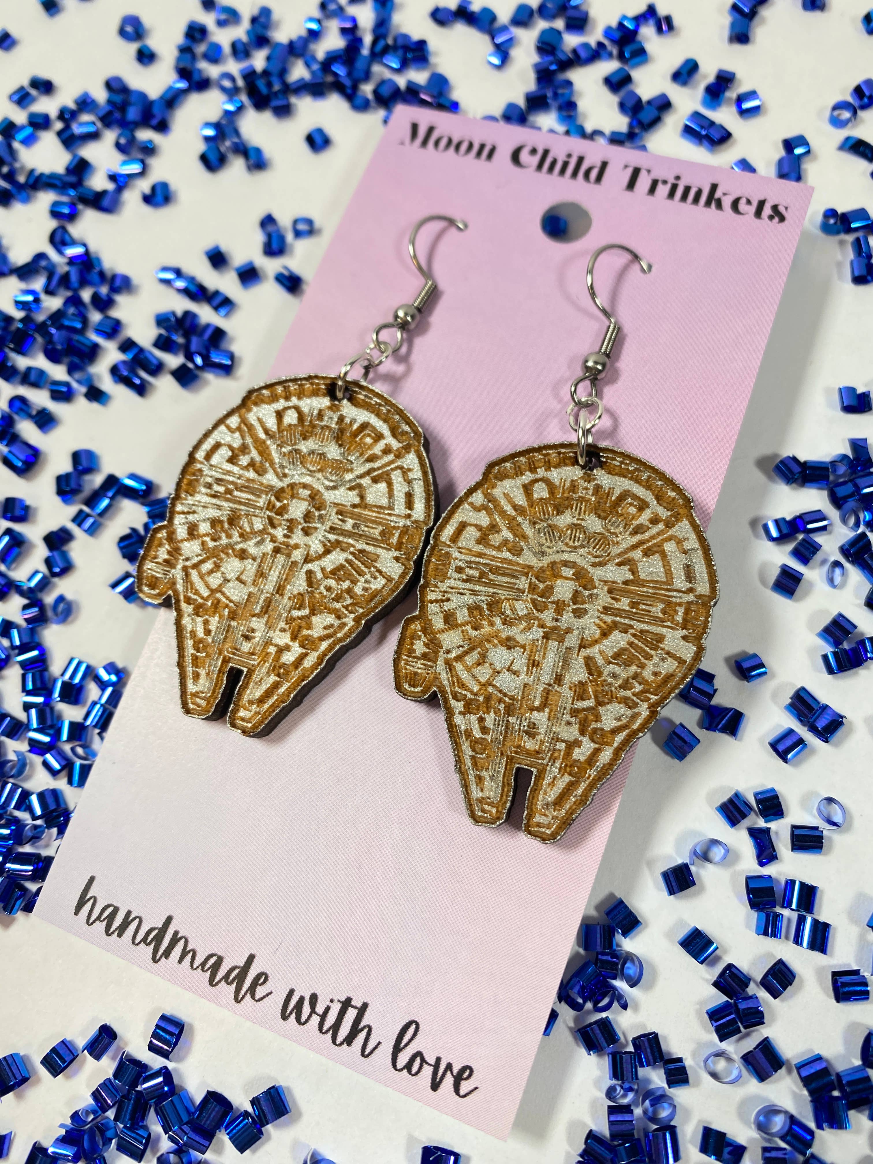 Sci-Fi Spaceship Hand Painted Wood Dangle Earrings